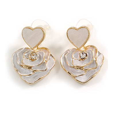 Romantic White Enamel Heart with Rose Motif Drop Earrings in Gold Tone - 27mm Long