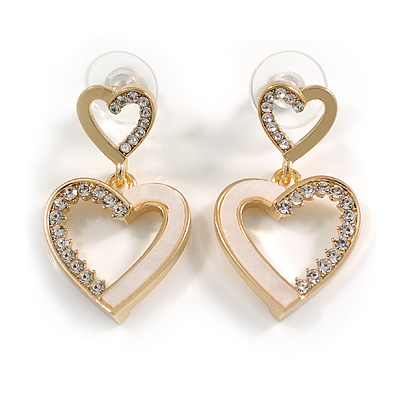 Clear Crystal Open Heart Drop Earrings in Gold Tone - 35mm Long