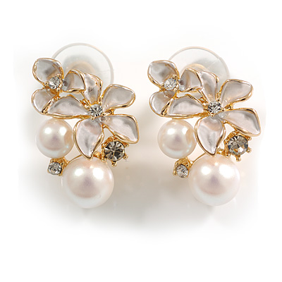 Dainty Enamel Crystal Floral with Faux Pearl Stud Earring in Gold Tone - 25mm Tall