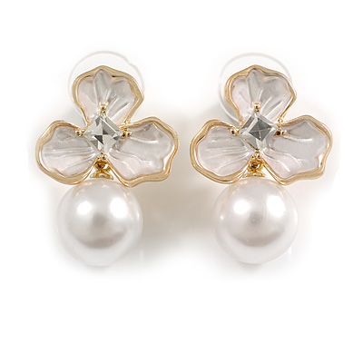 Delicate Flower with Dangling Pearl Bead Stud Earrings in Gold Tone - 27mm Long