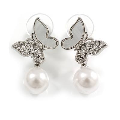 Dainty Crystal Butterfly with Dangling Pearl Bead Stud Earrings in Silver Tone - 30mm Long