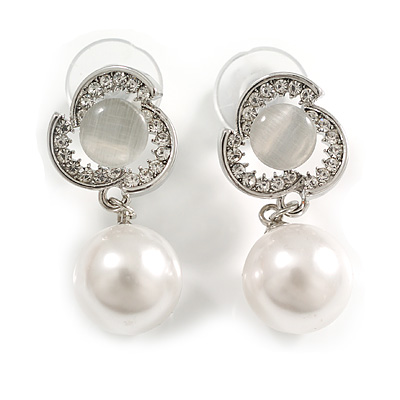 Dainty Crystal Cat's Eye Flower with Faux Pearl Bead Drop Earrings in Silver Tone - 30mm Long