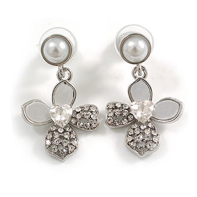 Crystal Four Petal Flower Drop Earrings in Silver Tone - 35mm Long