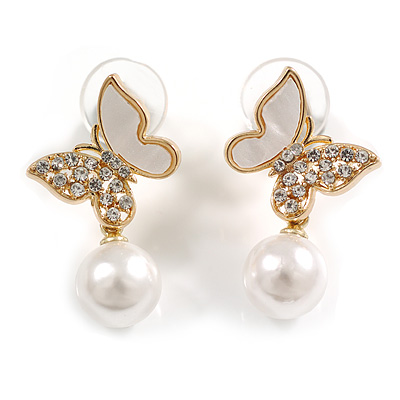 Dainty Crystal Butterfly with Dangling Pearl Bead Stud Earrings in Gold Tone - 30mm Long