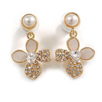 Crystal Four Petal Flower Drop Earrings in Gold Tone - 35mm Long