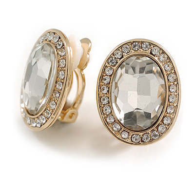 Oval Clear Crystal Clip On Earrings in Gold Tone - 20mm Tall