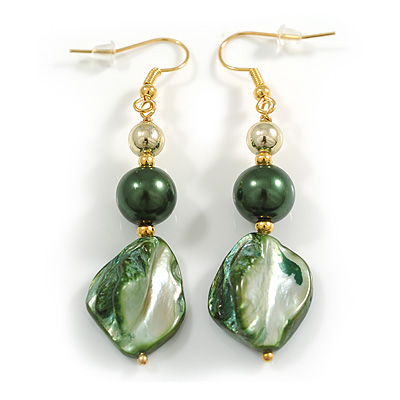 Forest Green Shell Bead Drop Earrings in Gold Tone - 60mm Long