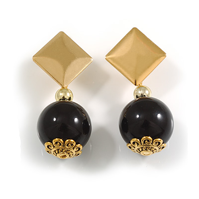 Black Round Acrylic Bead Drop Earrings in Gold Tone - 45mm Long