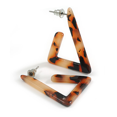 Medium Open Tiangular Tortoise Glossy Acrylic Hoop Earrings - 35mm Tall