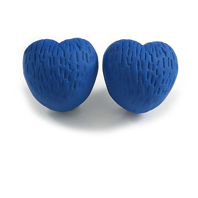 Matte Blue Acrylic Textured Rounded Heart Shaped Stud Earrings - 20mm Tall