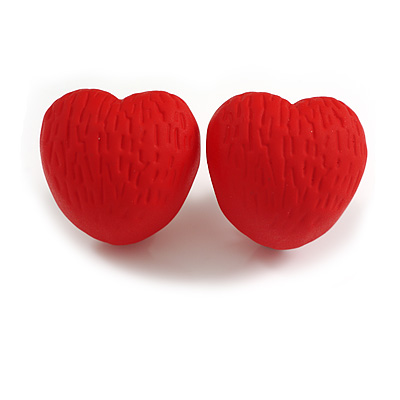 Matte Red Acrylic Textured Rounded Heart Shaped Stud Earrings - 20mm Tall
