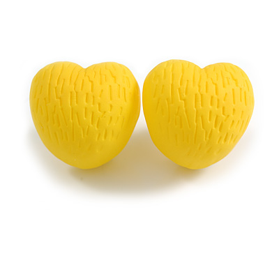 Matte Bright Yellow Acrylic Textured Rounded Heart Shaped Stud Earrings - 20mm Tall