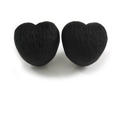 Matte Black Acrylic Textured Rounded Heart Shaped Stud Earrings - 20mm Tall