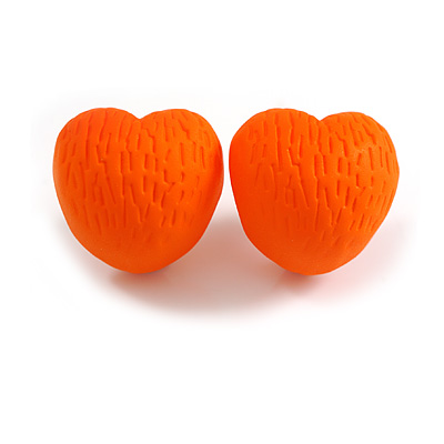Matte Orange Acrylic Textured Rounded Heart Shaped Stud Earrings - 20mm Tall
