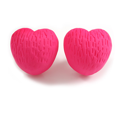 Matte Flamingo Pink Acrylic Textured Rounded Heart Shaped Stud Earrings - 20mm Tall