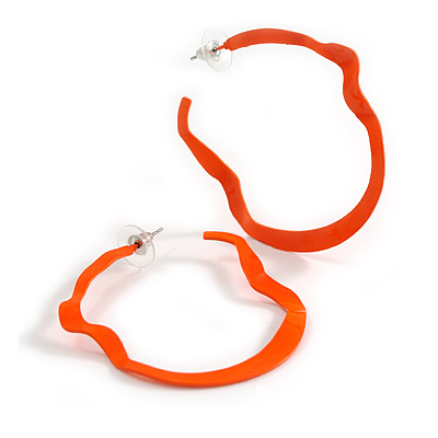 Neon Orange Enamel Metal Off Round Open Hoop Earrings - 50mm Tall