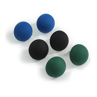Black/Blue/Green Matte Button Shaped Acrylic Stud Earrings - Set Of 3 Pairs