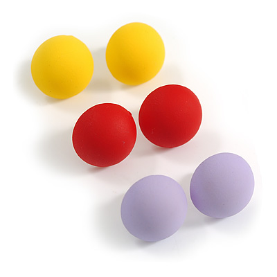 Red/Yellow/Lavender Matte Button Shaped Acrylic Stud Earrings - Set Of 3 Pairs
