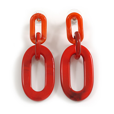 Graduated Link Acrylic Chain Drop Earrings (Marble Effect in Red/Black) - 60mm Long