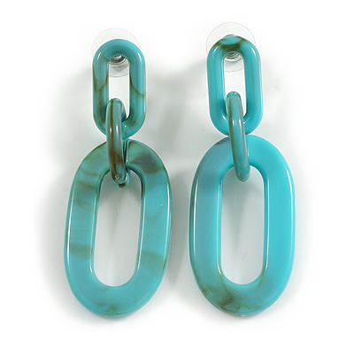 Graduated Link Acrylic Chain Drop Earrings (Marble Effect in Teal/Brown) - 60mm Long