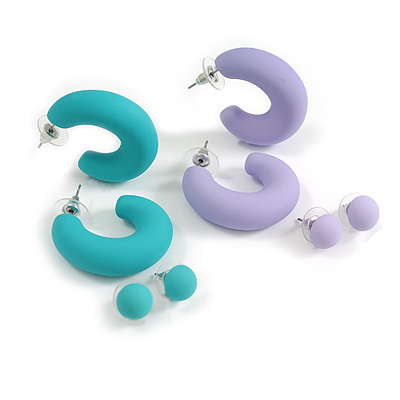 Set of Two Matte Acrylic Hoop and Button Earrings in Lavender/Teal Colours - 35mm Long/ 10mm Diameter