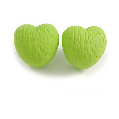 Matte Lime Green Acrylic Textured Rounded Heart Shaped Stud Earrings - 20mm Tall