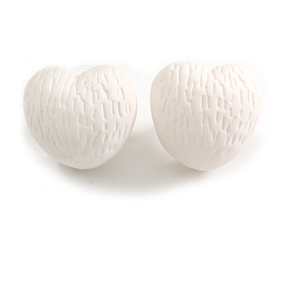 Matte White Acrylic Textured Rounded Heart Shaped Stud Earrings - 20mm Tall