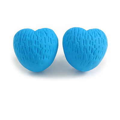 Matte Sky Blue Acrylic Textured Rounded Heart Shaped Stud Earrings - 20mm Tall