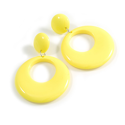 Large Solid Round Glossy Acrylic Dangle Earrings in Bright Yello Colour - 85mm Long