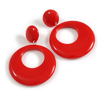 Large Solid Round Glossy Acrylic Dangle Earrings in Hot Red Colour - 85mm Long