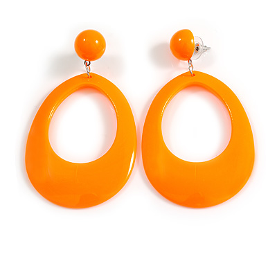 Large Oval Glossy Acrylic Dangle Earrings in Bright Orange Colour - 80mm Long