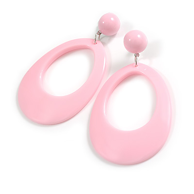 Large Oval Glossy Acrylic Dangle Earrings in Pastel Pink Colour - 80mm Long