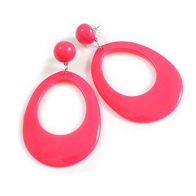 Large Oval Glossy Acrylic Dangle Earrings in Deep Pink Colour - 80mm Long