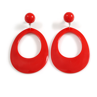 Large Oval Glossy Acrylic Dangle Earrings in Red Colour - 80mm Long