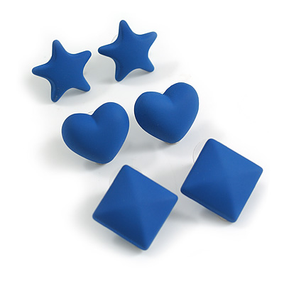 Star/Heart/Diamond Shaped Blue Matte Acrylic Stud Earrings - Set Of 3 Pairs