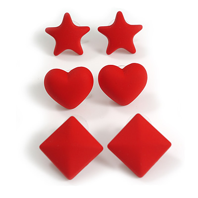 Star/Heart/Diamond Shaped Red Matte Acrylic Stud Earrings - Set Of 3 Pairs