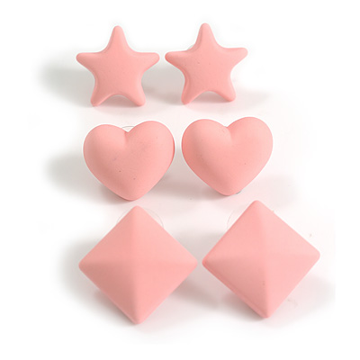 Star/Heart/Diamond Shaped Light Pink Matte Acrylic Stud Earrings - Set Of 3 Pairs