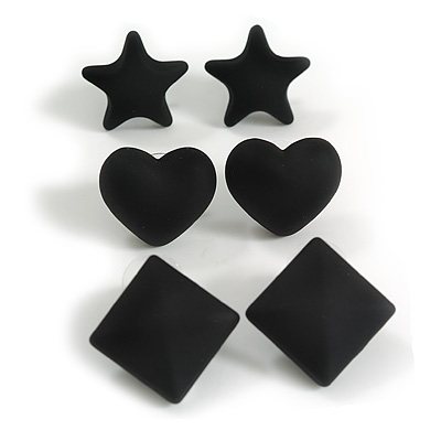Star/Heart/Diamond Shaped Black Matte Acrylic Stud Earrings - Set Of 3 Pairs