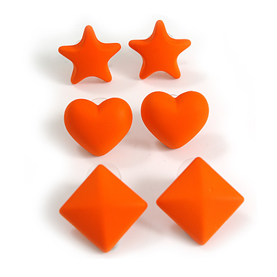 Star/Heart/Diamond Shaped Orange Matte Acrylic Stud Earrings - Set Of 3 Pairs