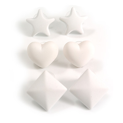 Star/Heart/Diamond Shaped White Matte Acrylic Stud Earrings - Set Of 3 Pairs