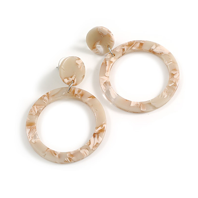 Medium Size Open Cut Acrylic Hoop Earrings with Marble Effect in Off White/Light Brown Colours - 55mm Drop/40mm Diameter
