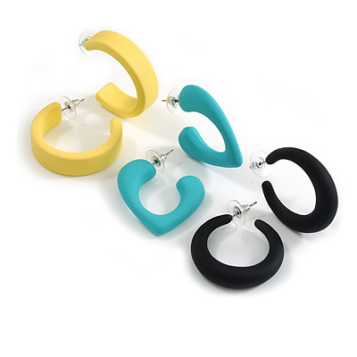 Light Yellow/Teal/Black Matte Acrylic Hoop Earrings - Set of 3 Pairs