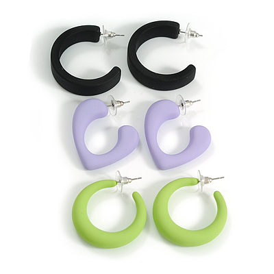 Black/Lavender/Lime Green Matte Acrylic Hoop Earrings - Set of 3 Pairs