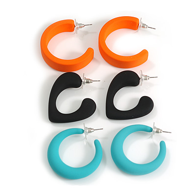 Orange/Black/Teal Matte Acrylic Hoop Earrings - Set of 3 Pairs