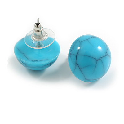 Lightweight Button-Shaped Acrylic Stud Earrings in Light Blue with Black Cracked Effect - 15mm Diameter