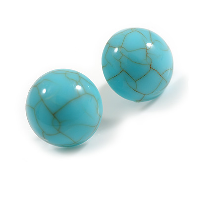 Lightweight Button-Shaped Acrylic Stud Earrings in Turquoise Colour and Brown Cracked Effect - 15mm Diameter