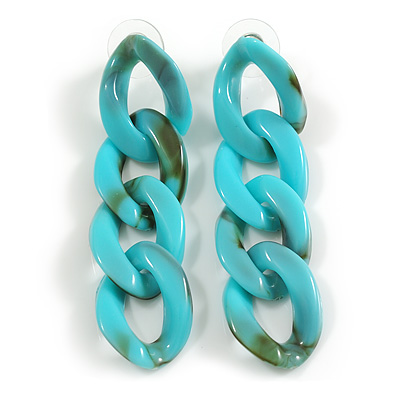 Large Oval Link Acrylic Chain Drop Earrings (Marble Effect in Teal/Black) - 60mm Long