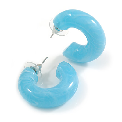 Small Acrylic Thick Half Hoop Earrings with Marble effect in Light Blue/White Colours - 28mm Diameter