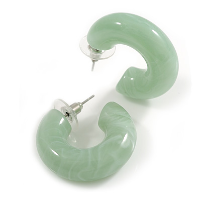 Small Acrylic Thick Half Hoop Earrings with Marble effect in Light Green/White Colours - 28mm Diameter