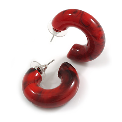 Small Acrylic Thick Half Hoop Earrings with Marble effect in Red/Black Colours - 28mm Diameter